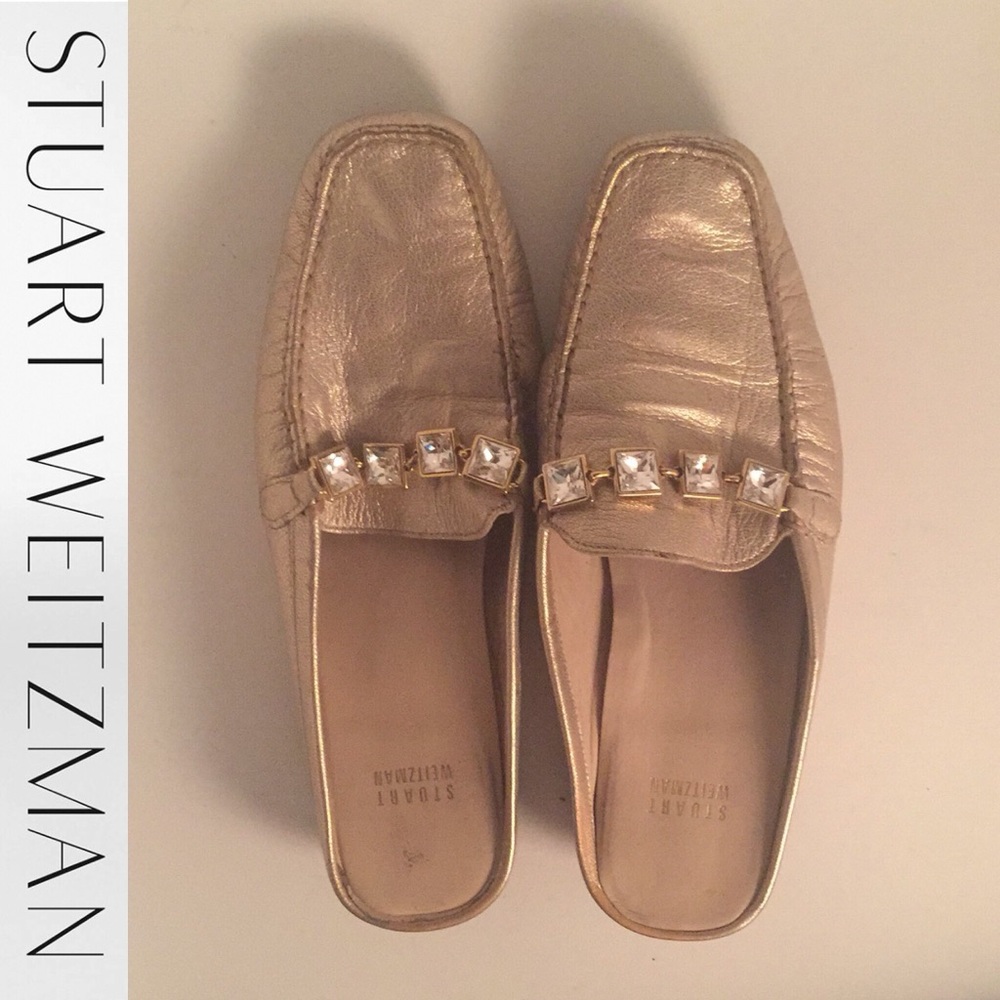 Stuart Weitzman Slip On Gold Slippers Crystal EUC